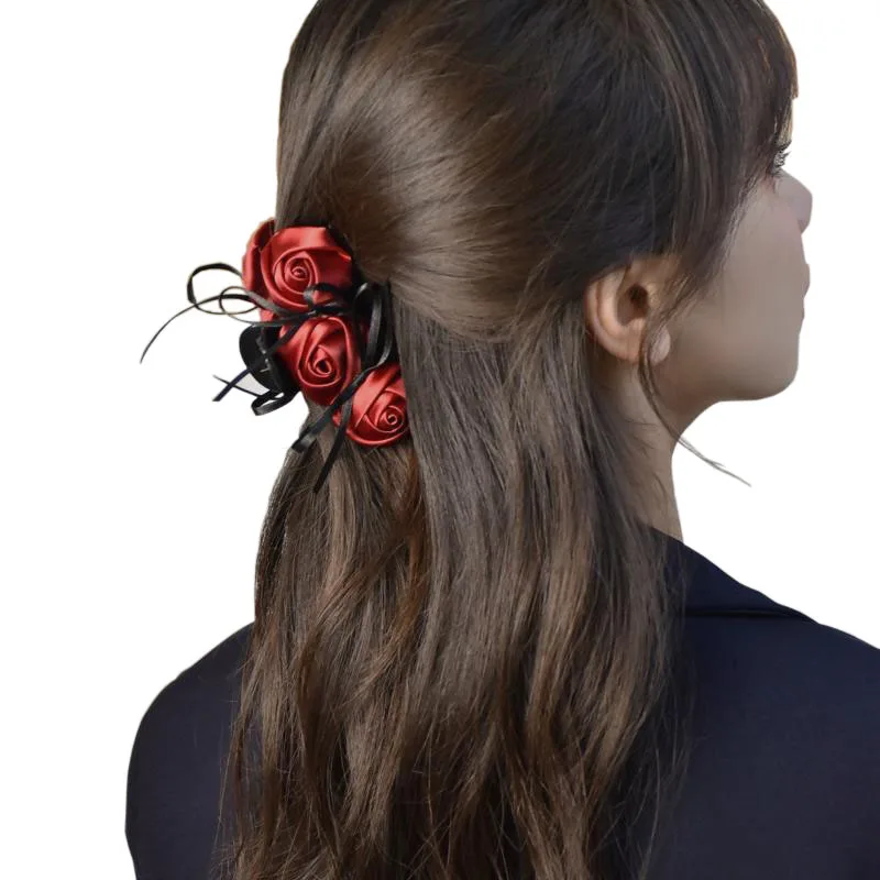 Pinza de pelo de flores rosas estéreo Retro para mujer, Clip de lazo de seda coreano, pin de cola de caballo de temperamento, accesorios para la cabeza, nuevo