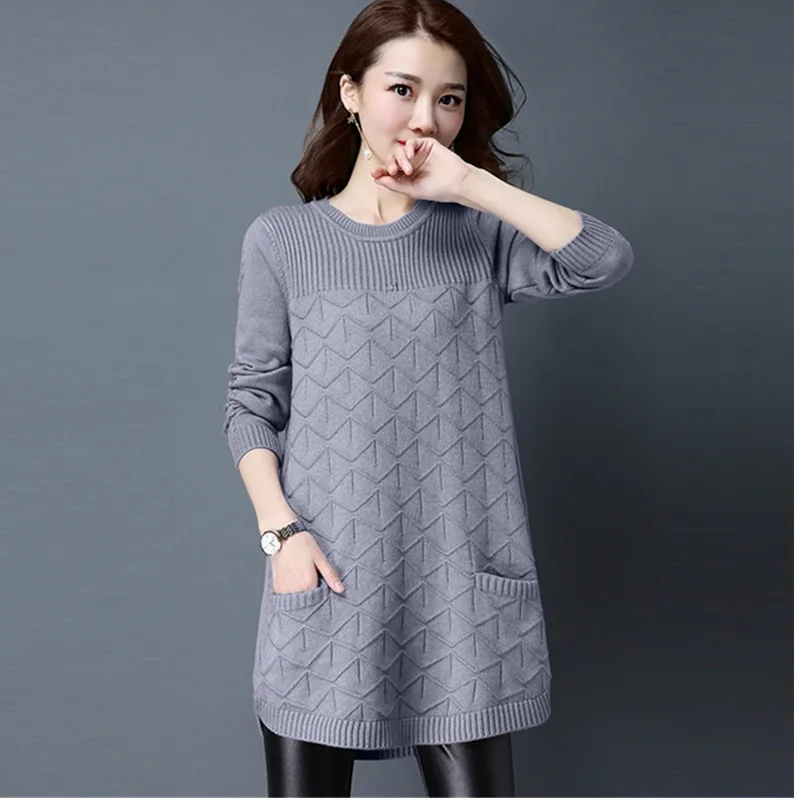 

Fashion Women O neck Knitted Sweater Loose Warm Soft Jumper Women Sweaters With pocket Casual Pullover Female tops