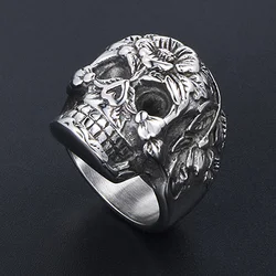 Vintage Flower Skull Ring 316L Stainless Steel Punk Skull Rings for Men And Women Goth Punk Demon Skull Biker Ring Wholesale