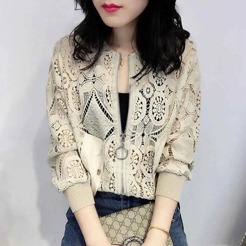 2023 Autumn And Winter New Women's Hollow Lace Cardigan Top All-match Blouse Coat Loose Long-sleeved Sunscreen Shirt