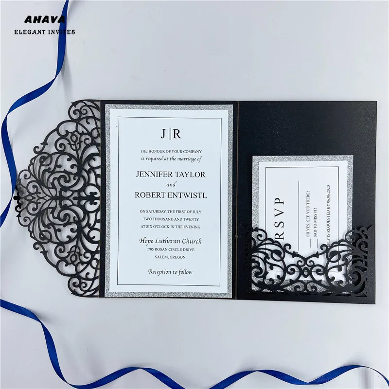 

60PCS Black Elegant Flower Laser Cut Wedding Cards Glitter Shining Invitation Pocket for Wedding with Envelope