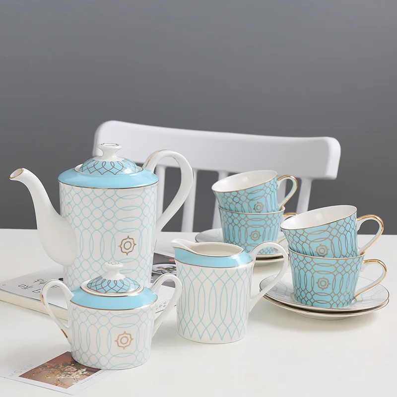 Creative Bone China Teapot Set Coffee Cup Set Blue Circle Afternoon Tea Set Ceramic Coffee Cups and Saucers