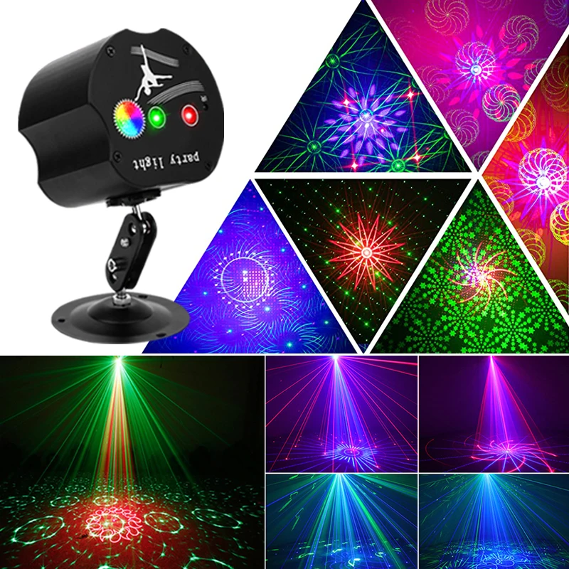 Mini DJ Disco Light RGB Laser Projetor Lamp LED 48 Patterns Sound Activated Strobe Stage Effect for Home Dance Floor Party Light