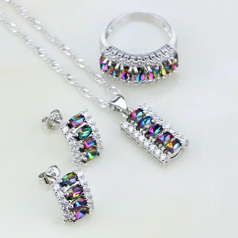 Trendy Mystic Rainbow Fire White Birthstone Charms 925 Silver Jewelry Sets For Women Wedding Stud Earrings/Necklace/Pendant/Ring