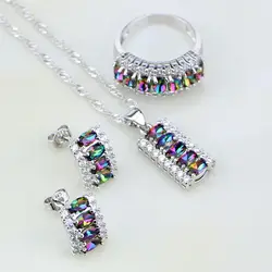 Trendy Mystic Rainbow Fire White Birthstone Charms 925 Silver Jewelry Sets For Women Wedding Stud Earrings/Necklace/Pendant/Ring