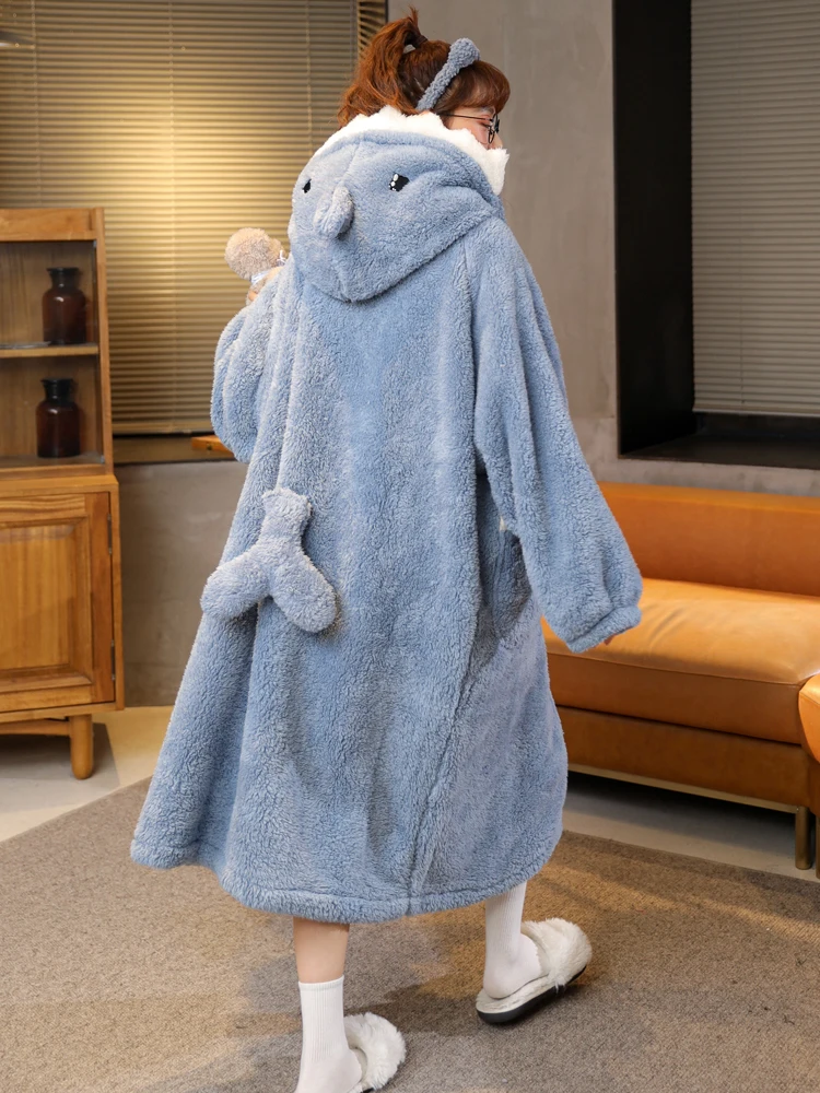 Women\'s Dressing Gown Fleece Hooded Bathrobe Princess Robe Fluffy Warm Sherpa Shaggy Kimono Shark Winter Woman Coats For Home