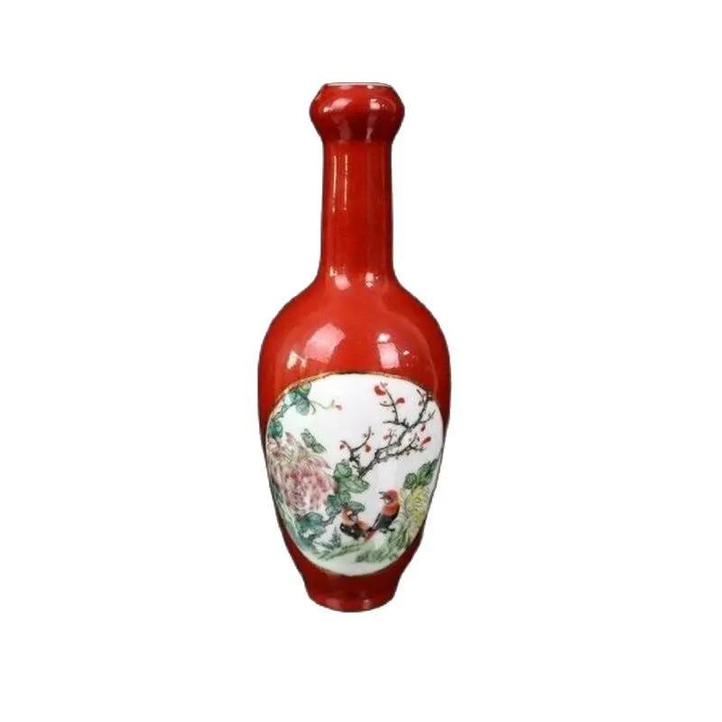 

Chinese Old Porcelain Red Glaze Pastel Flower And Bird Pattern Vase