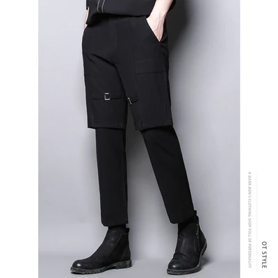 

Dark Department personality design high sense of false two casual pants nine-inch small pants male hair stylist Korean version