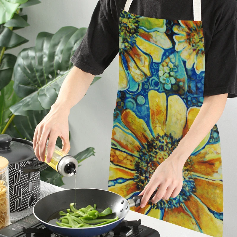 Sunflower Plant Print Oil Painting Yellow Plant Sleeveless Apron Kitchen Pinafore Women Home Cooking Baking Waist  Anti-Greasy