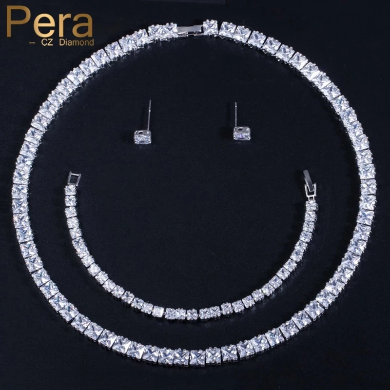 pera cubic zirconia gargantilha colar e brinco pulseira para noiva conjunto de joias espumante completo quadrado branco casamento alta qualidade j030 01