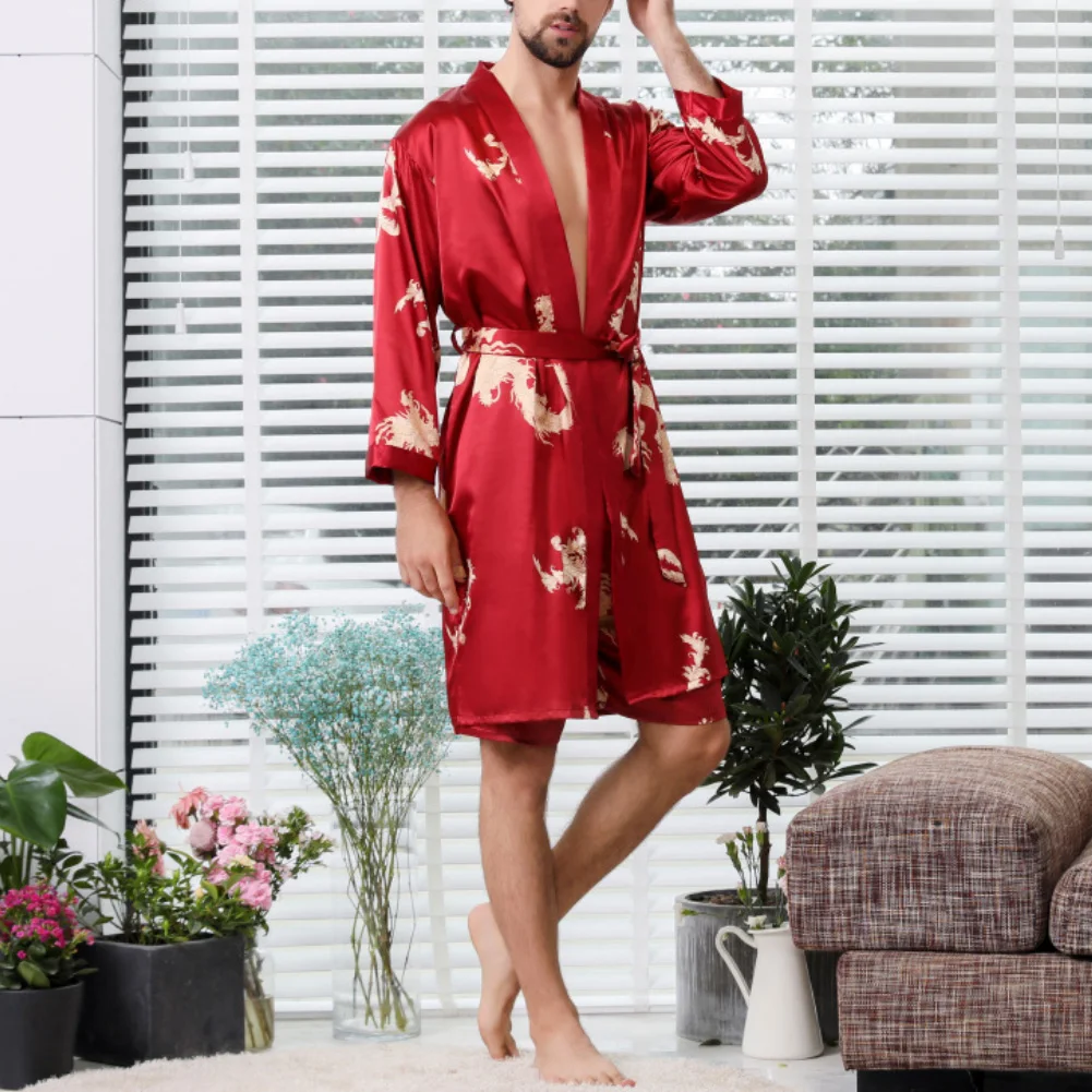 Conjunto de pijama fino de manga larga para hombre, ropa de dormir, albornoces de talla grande, pantalones cortos de verano