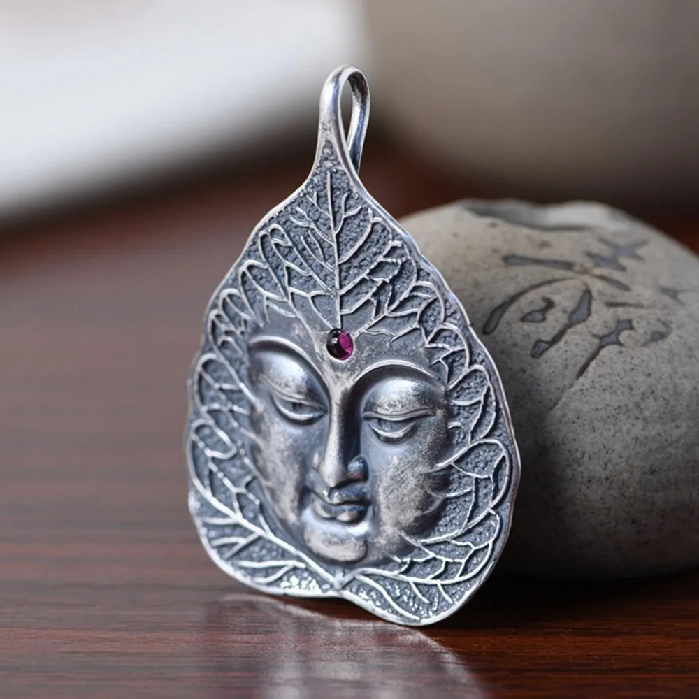 

BOCAI S999 Silver Jewelry Ethnic Style Zen Enlightenment Necklace Pendant Female Thai Silver Tree Leaf Buddha Statue Pendant