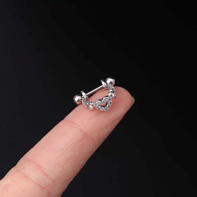 1 PCS Cute Small Zircon Heart C Circle Ear Piercing Cartilage Stud Cuff Clip Double Side Steel Helix Bar Earring Ear Jewelry
