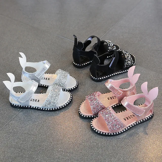 Fashion Kids Sandals For Toddlers Girls Big Children Bling Rhinestone Shiny With Rabbit Ear Soft Princess Sweet Beach Shoes Cute