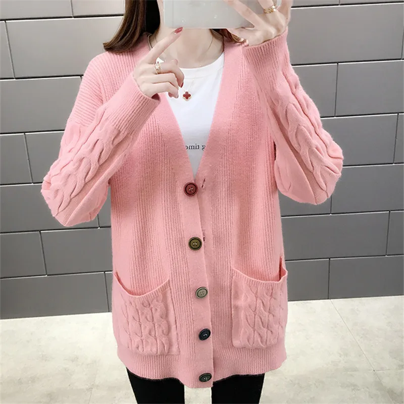 Suéter de punto con cuello en V para mujer, chaqueta holgada de manga larga con bolsillo grande, Color sólido, moda coreana