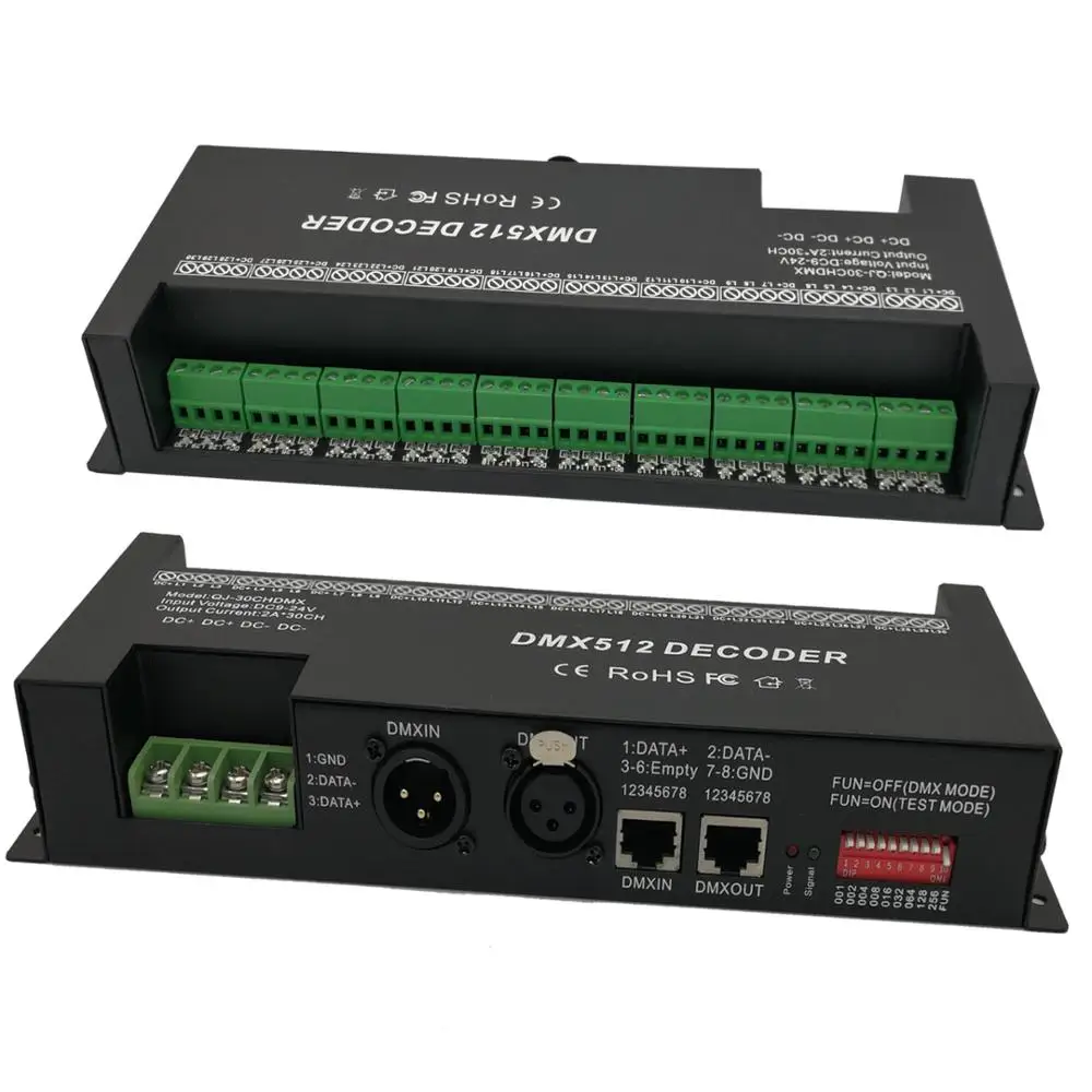 Decodificador RGB LED Strip DMX Controller DMX Dimmer, 30 canais, 60A, driver PWM, DC 12-24V, 30 CH, iluminação de palco