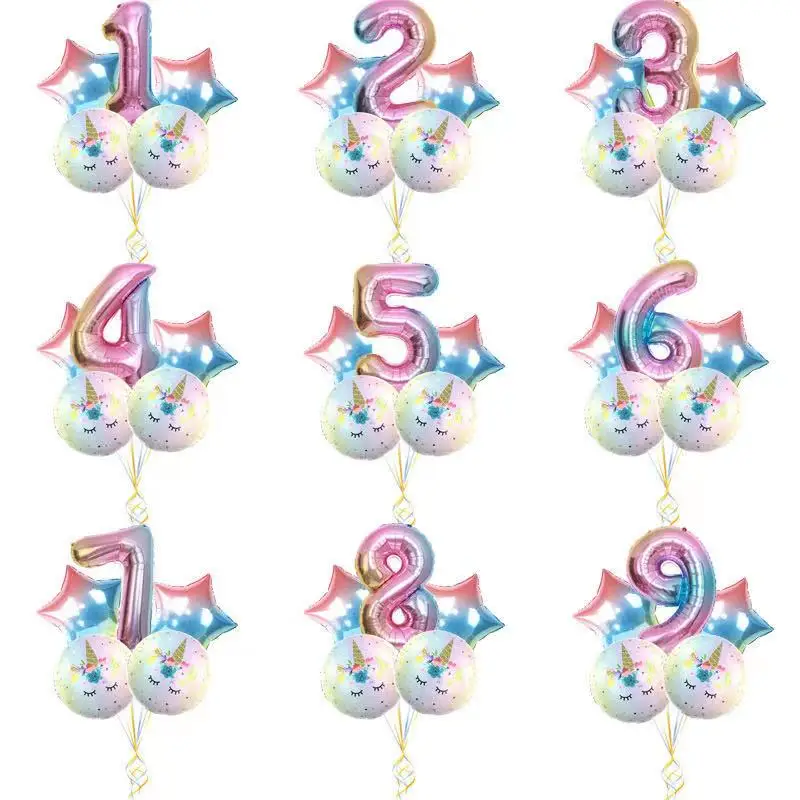 5pcs new unicorn digital set aluminum film balloon birthday party banquet one year old scene decoration children's toys