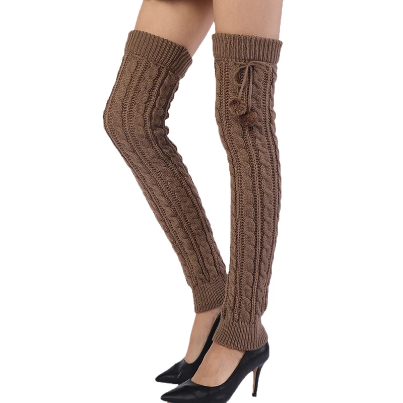 Autumn And Winter Women's Knitting Figure 8 Twist Lengthened Over The Knee With Ball Thermal Boot Cover Knee Sleeve  Legging