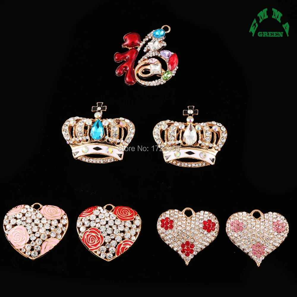 Chinese Fu Rhinestone Pendant Heart Crown 2pcs shiny Crystal Applique for bridal garment dancing dress bags embellishments