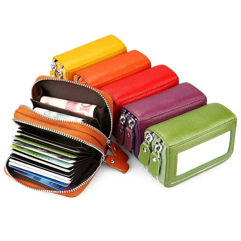 Fashion Brand Genuine Leather Women Card Holder Double Zipper Large Capacity Female ID Credit Card Case Bag Wallet