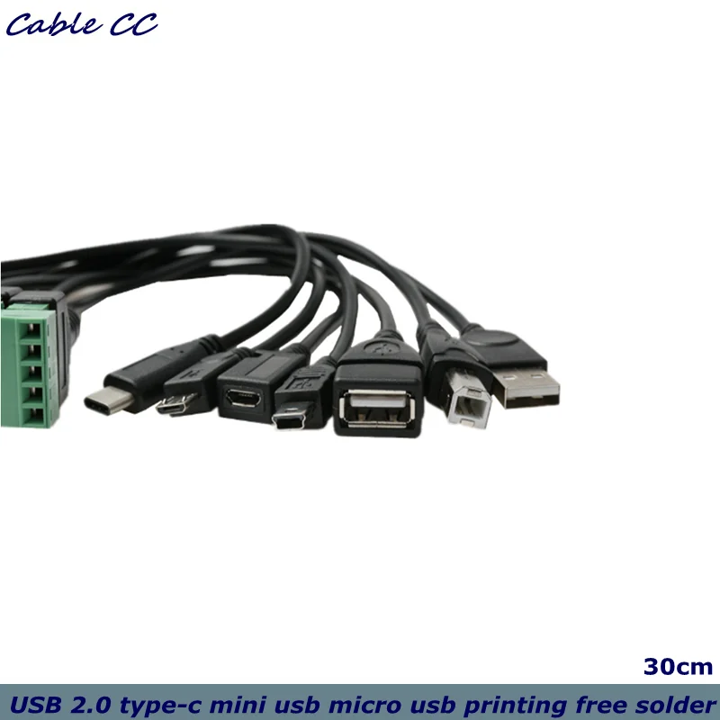 1ft USB 2.0 Female B Micro USB Mini USB Type-C Male to 5 Pin Female Bolt Screw Connector with Shield Terminal Plug Adapter Cable