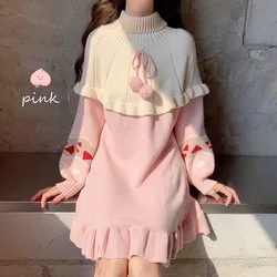 Autumn Winter Women Sweet Lolita Knitted Dress Cute Patchwork Ruffles Pink Outwear Spring Fashoin Girly Sweaters Mini Dresses