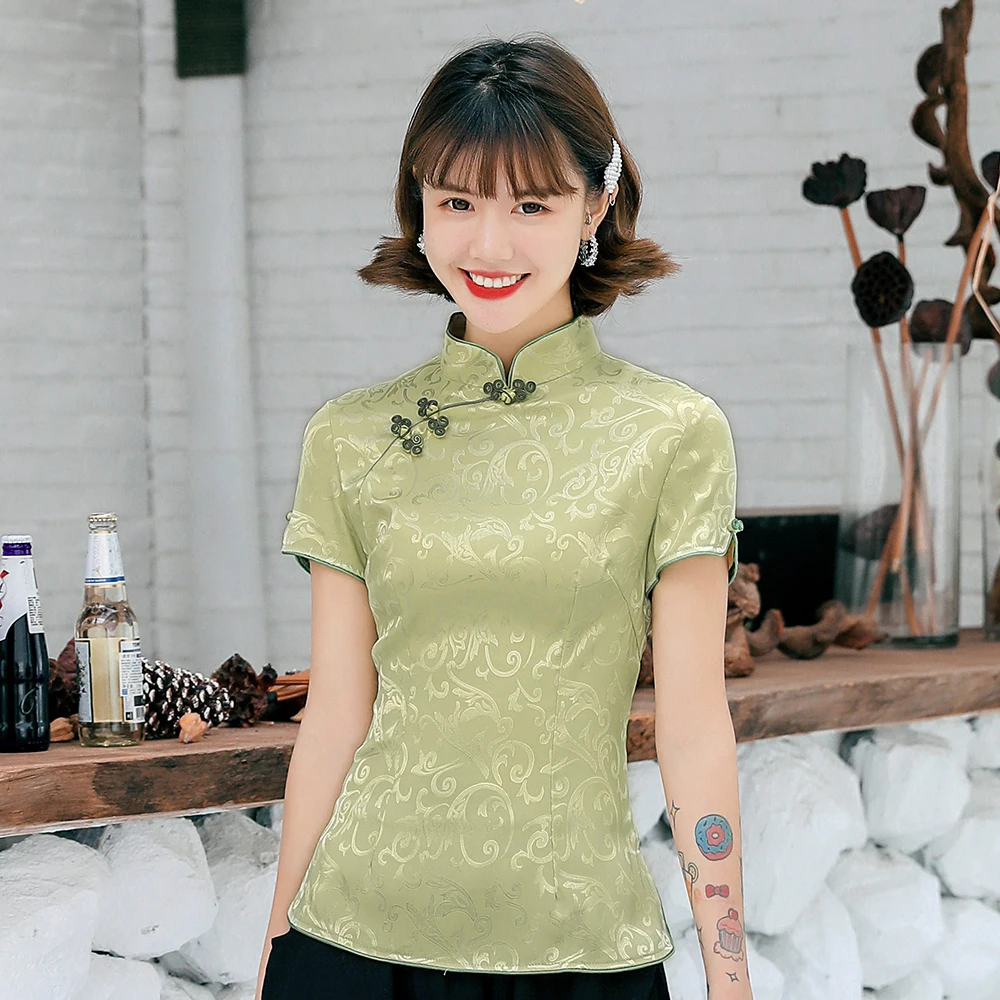 White Printed Blouse Elegant Cotton Chinese Women Mandarin Collar Shirt Novelty Short Sleeve Classic Handmade Button Tops