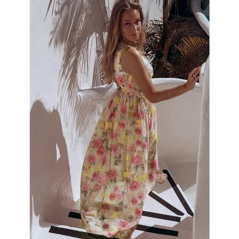 Robe longue d'été en mousseline de soie, col en v, sans manches, ligne a, imprimé Floral, pour la plage et les vacances