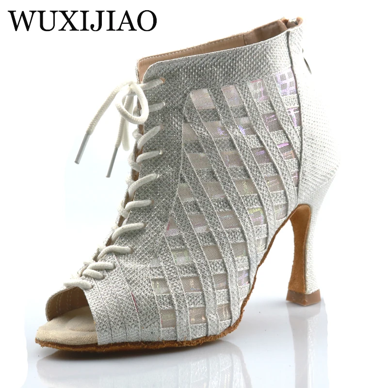 WUXIJIAO Latin dance high boots shoes soft sole shoes salsa ballroom ladies mesh dance shoes Cuba high heels  9CM