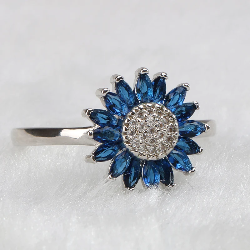 Cellacity Trendy Silver  Ring for Women Gemstones Fine Jewelry Sunflower Sapphire Zircon Blue Female Dating Ring Korean Style