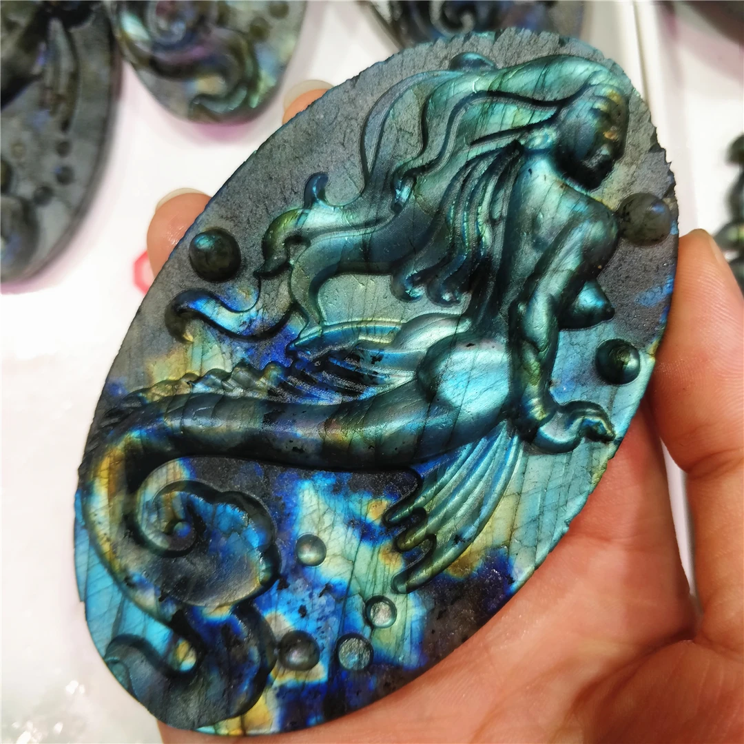 

Natural Rainbow Flashing Labradorite Mineral Quartz Crystal Handmade Sea-Maid Figurine Mermaid Folk Art Crafts Reiki Ornament