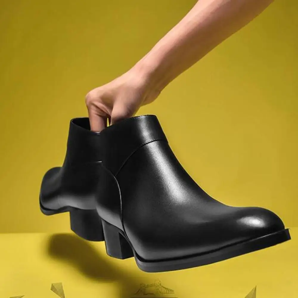 Men Black Genuine Leather Boots High Top Casual Short Boot Wedding Business Fashion Pointed Toe Zipper Ankle Heels Shoes 5cm