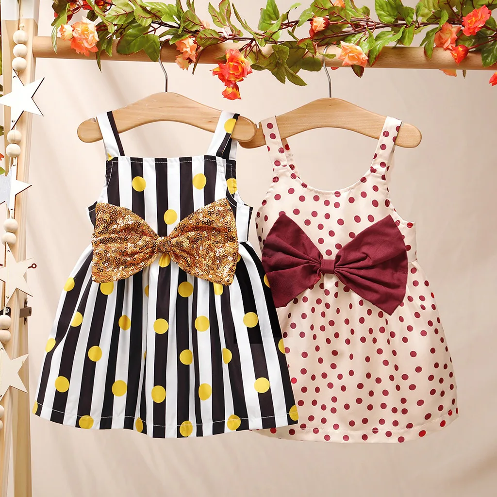 2022 New Summer Fashion Toddler Baby Girls Strap Big Bow Striped Dot Print Princess Dress Children Sleeveless Party Mini Dress