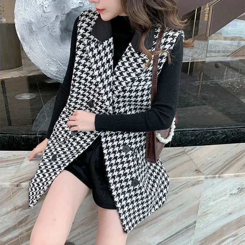 Women's Vest Mid-Length Suit Collar Double Breasted Tweed Houndstooth Sleeveless Jacket Tops Spring Autumn Waistcoat Jackets