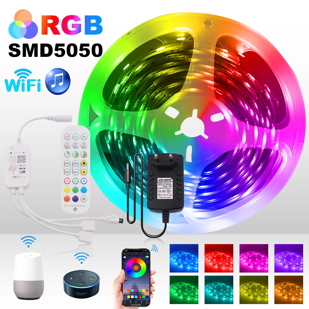 5/10/20/30M RGB 5050 WIFI Smart LED Tape 12V Flexible Ribbon Luces Led Light Strip IR WiFi Bluetooth Controller+EU Power Adapter