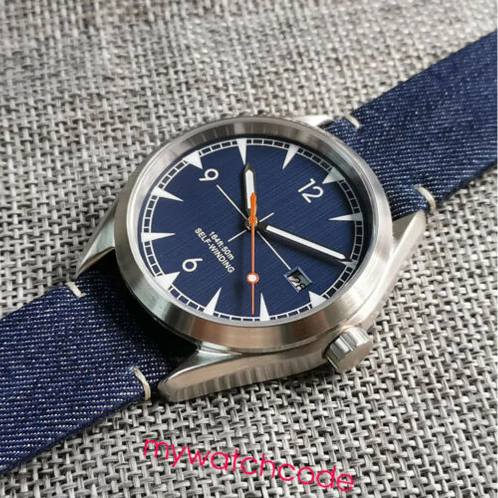 41mm No Logo NH35A Automatic Mens Watch Sapphire Glass Date Window Brushed Case Blue Dial High Quality