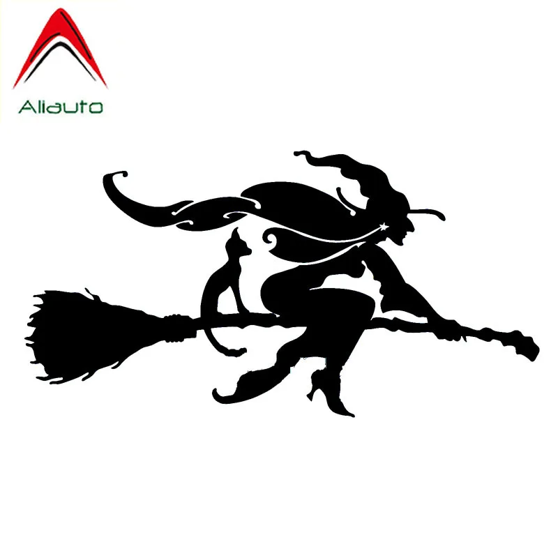 Aliauto Funny Car Sticker Witch and Cat on Broomstick Vinyl Styling Decor Accessories PVC Decal Black/Silver for Seat,15cm*7cm