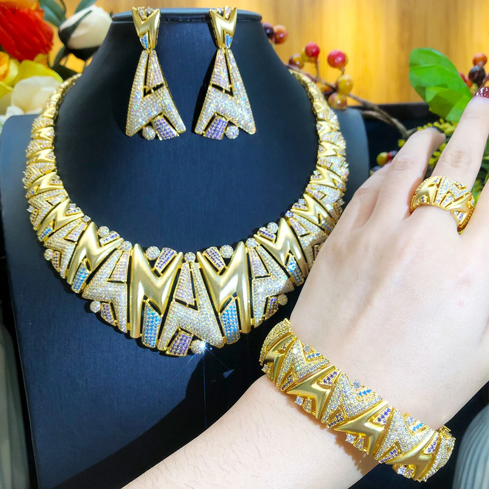 KellyBola Gorgeous Exclusive Dubai African Gold Necklace Earrings Bracelet Ring 4PCS Female Bride Wedding Banquet Jewelry Set