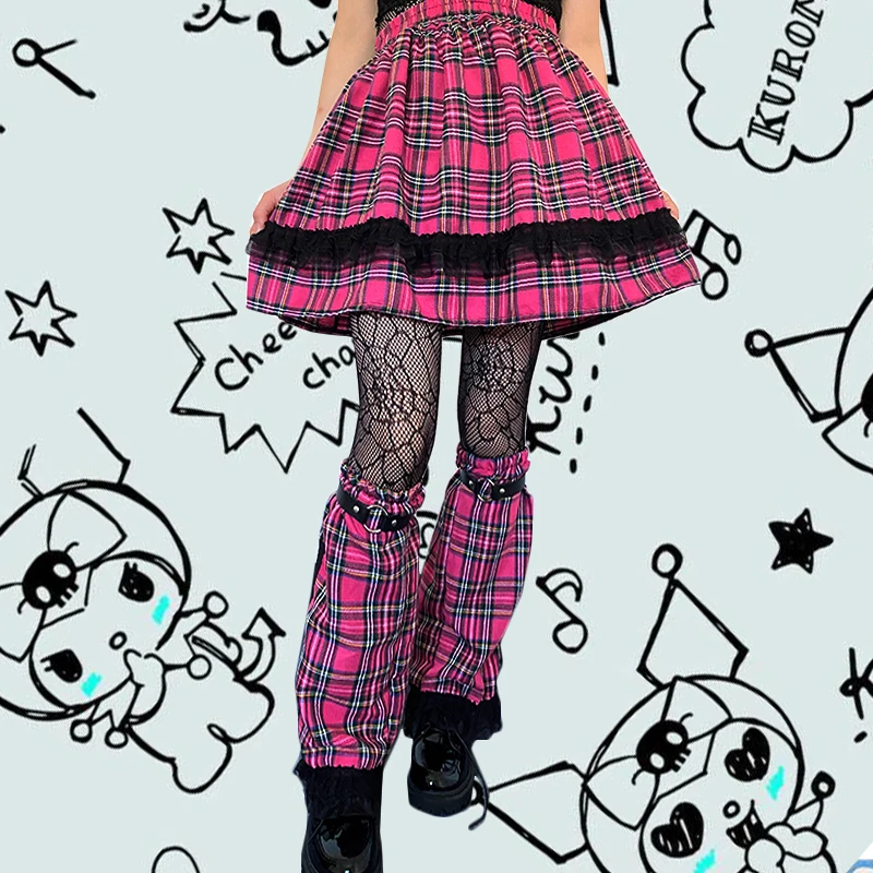 Lady JanpaneseHarajuku Pleated Mini Skirts Y2k Sweet Girl Plaid Pink Skirt Black Lace Kawaii Korean Fashion Clothes High Waist