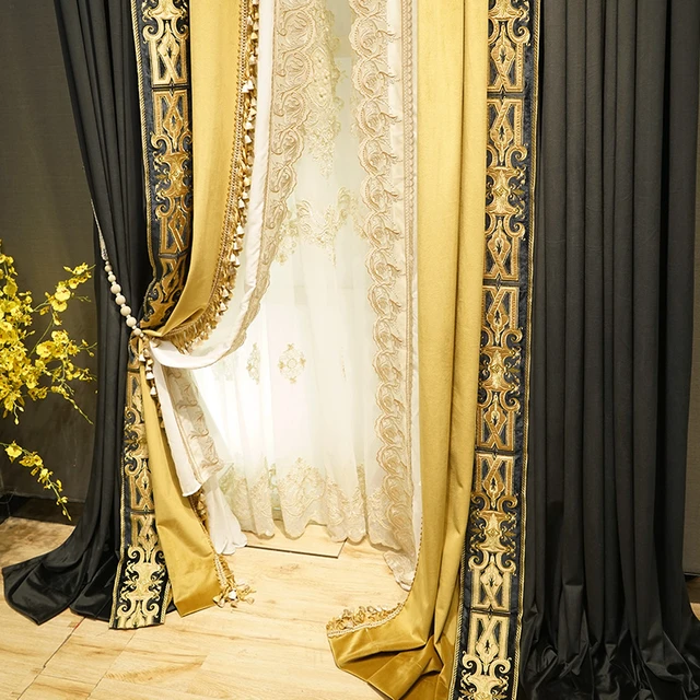 European Light Luxury Lace shop Stitching Thickened Velvet Blackout Curtains for Living Room Bedroom Finished Product Customization