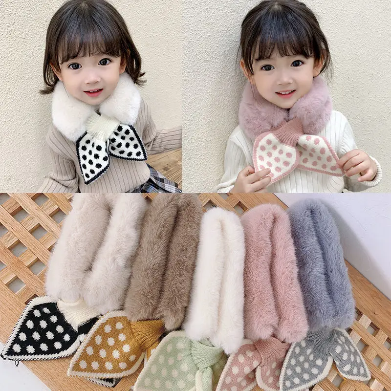 Winter Children's Warm Plush Splicing Wave Point Knitted Cross Scarf Boys Girls Versatile Neck Protection Cold Proof Bib  P07