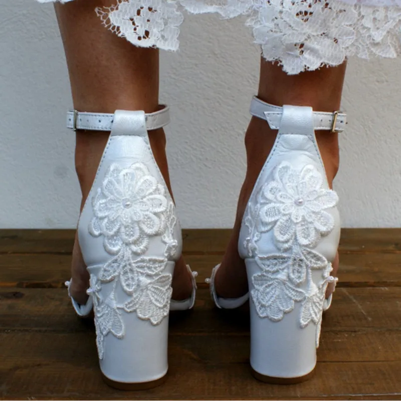 33 - 43 8cm High Heel White Wedding Shoes Women Block Heel Lace Satin Summer Sandals image 3