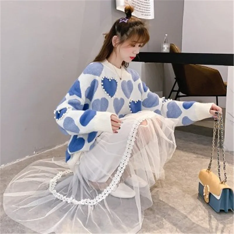 High Quality Heart Pearls Beading Sweater Women Pink Kawaii Jumpers Korean Long Sleeve Knitted Pullover Sweater Casual Knitwear