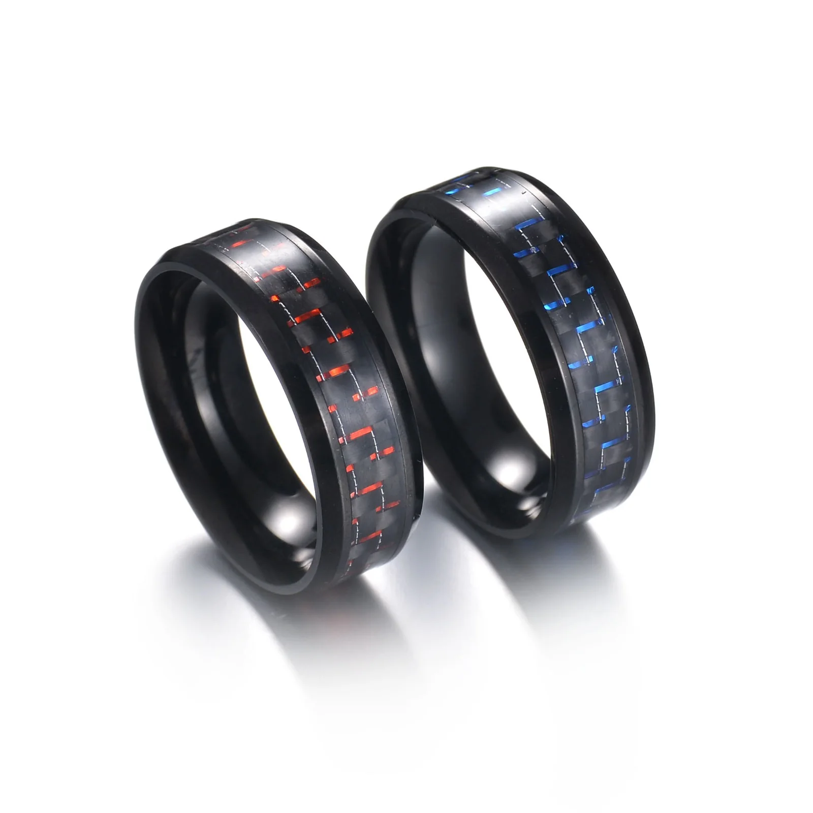 Trendy 8MM Wide Punk Carbon Fiber Lattice Ring Red Blue Lattice Couple Ring  For Women Men Unique Jewelry Party Wedding Gifts