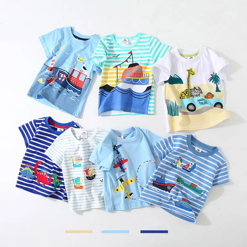 2024 Summer 2 3 4 5 6 8 10 Children\'s Clothing Dinosaur Car Stripe Print Short Sleeve Cotton Basic Tops Kids Boy Cartoon T-Shirt