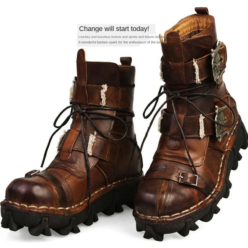 Men\'s Cowhide Genuine Leather Work Boots Military Combat Boots Gothic Skull Punk Fashion Boots Motorcycle Boots 50 Vintage