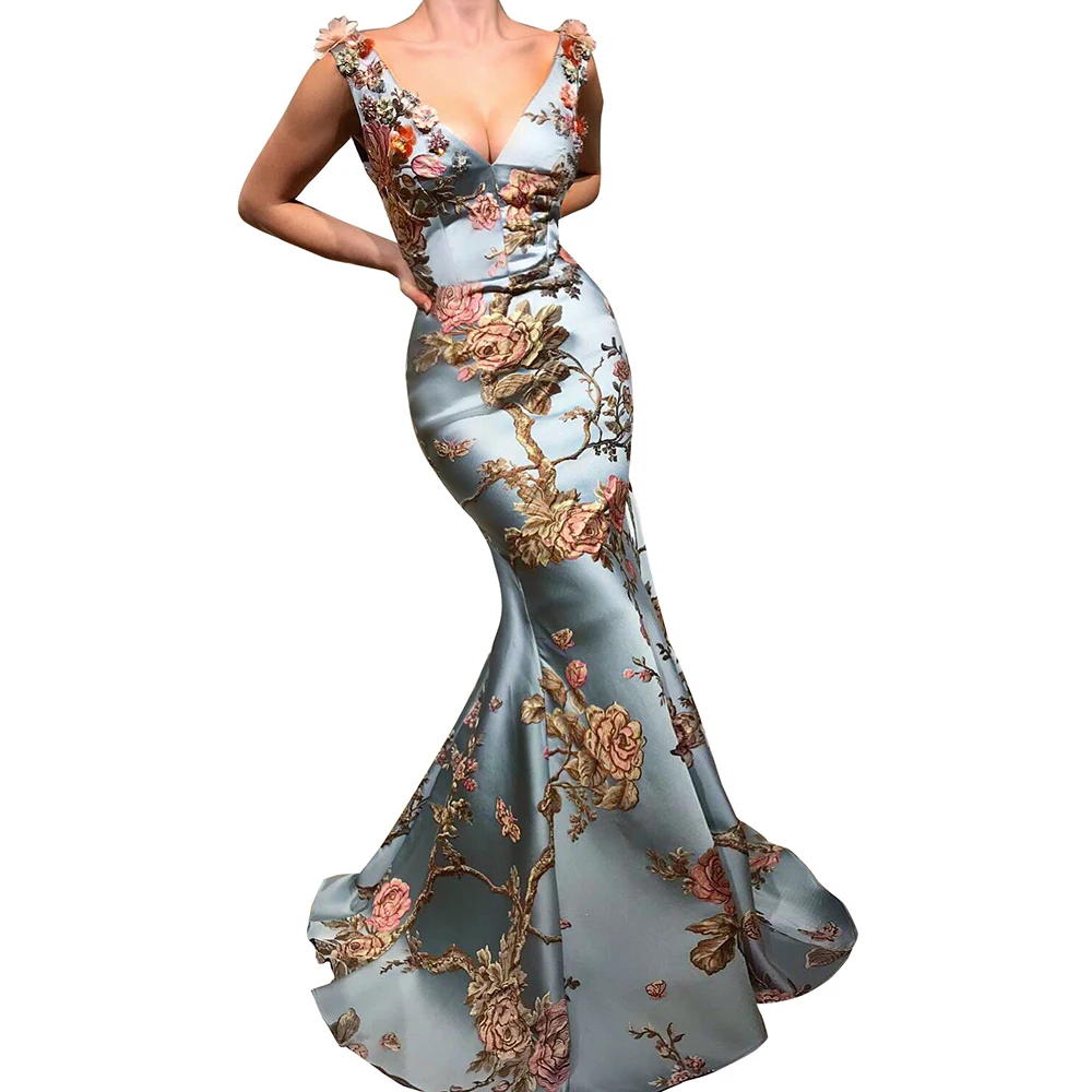 MYYBLE 2020 Long Elegant Abendkleider Dubai Mermaid V-neck Evening Dress Cheap Printed Flowers Prom Dress Vestido Largo Noche