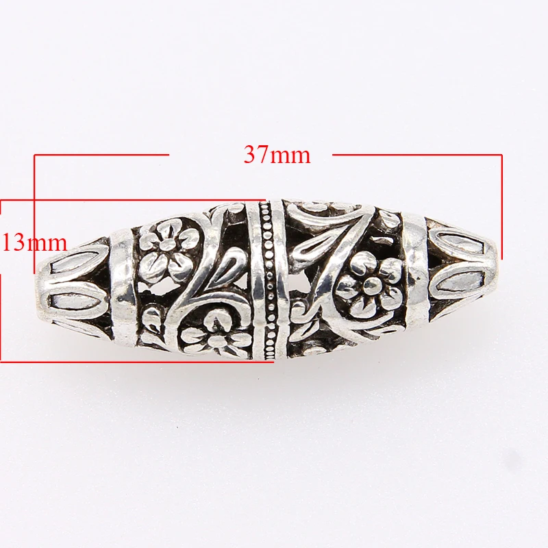 2pcs  Beads Zinc metal alloy Spacer Beads Oval silver color Flower Hollow Pattern About 37*13mm,Hole:Approx 1.9mm,