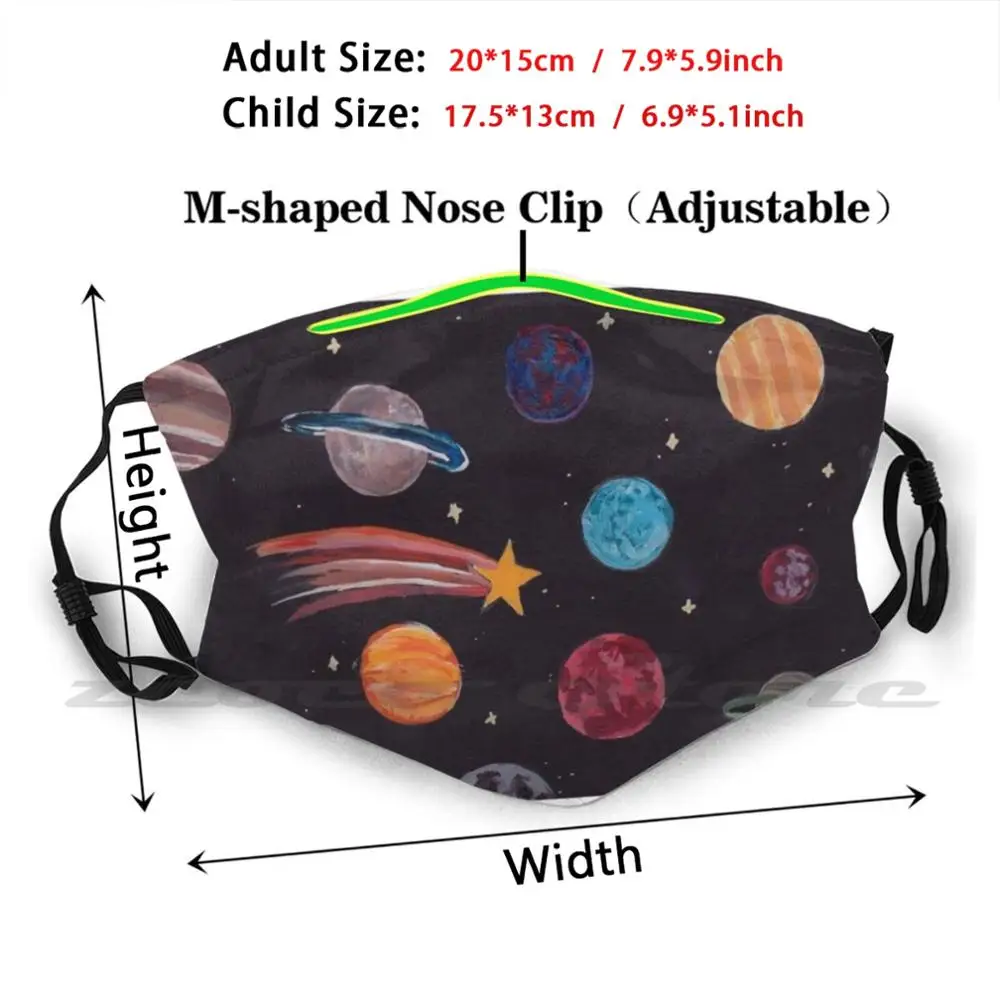 Máscara espacial de tela lavable para adultos y niños, mascarilla con filtro Pm2.5, espacio exterior, planetas, estrellas, Luna y planeta