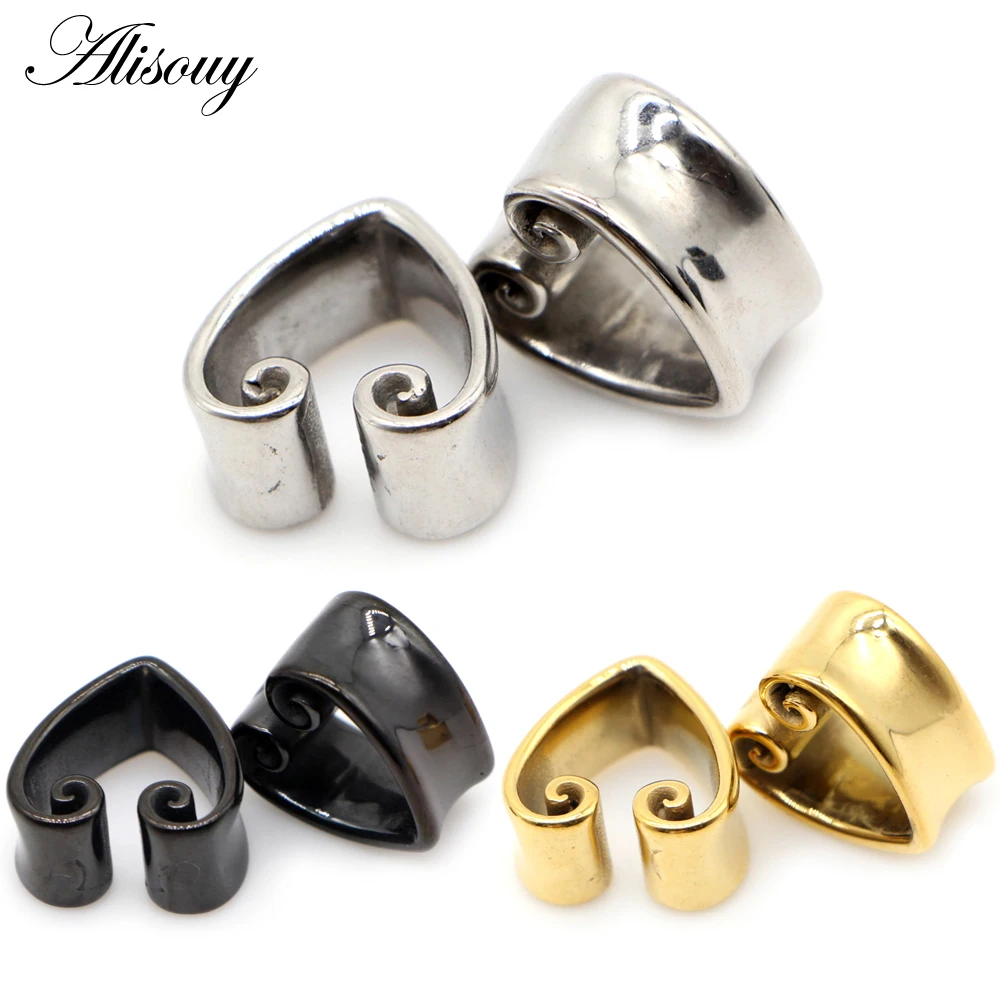 Alisouy 2pcs Stainless Steel Heart Shaped Ear Tunnel Plug Piercing Ring Expander Studs Stretchers Fashion Body Piercing Jewelry